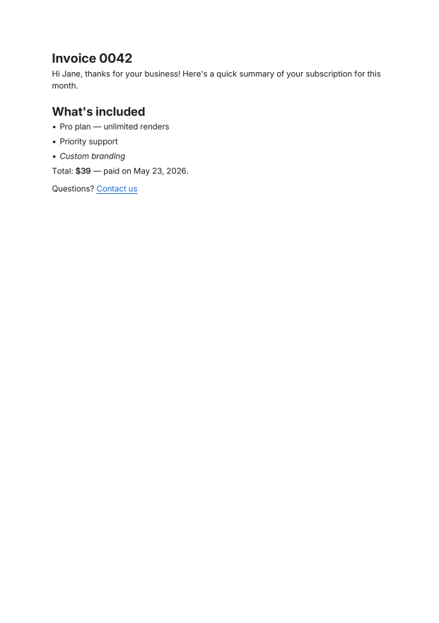Sample invoice PDF rendered from the Markdown request